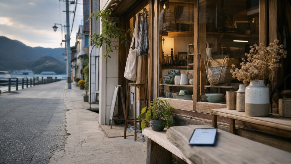 山口の静かな街並みにある地元店の魅力がまだ届いていない様子