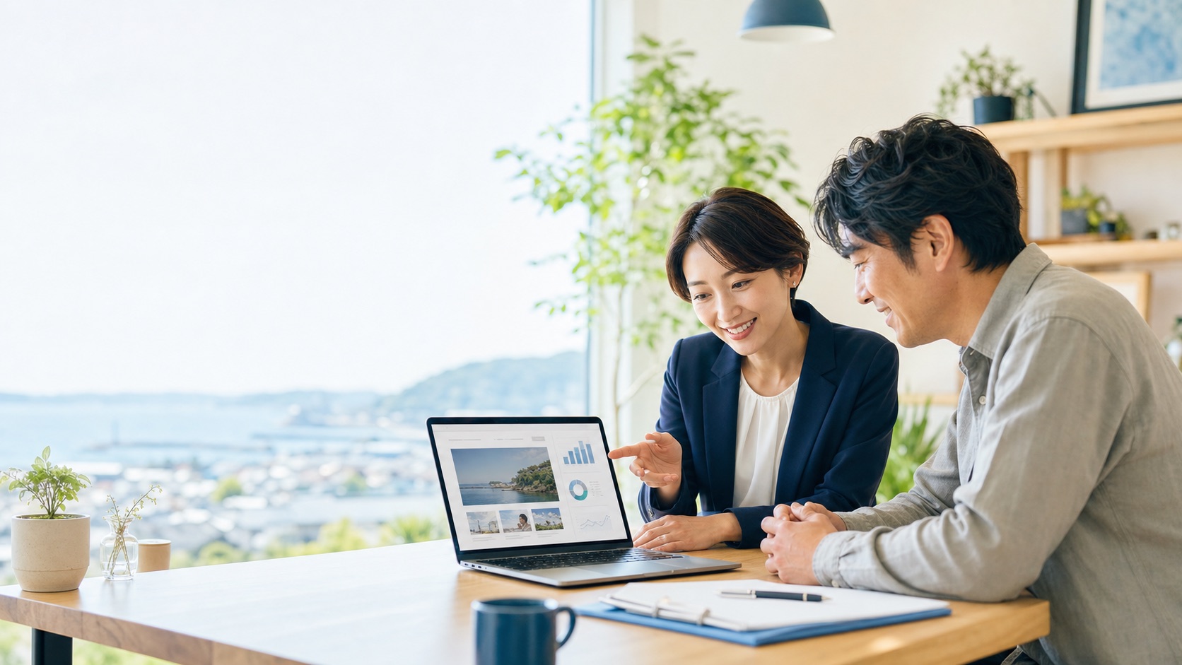 ホームページの改善画面を見ながら相談するWeb担当者と事業者