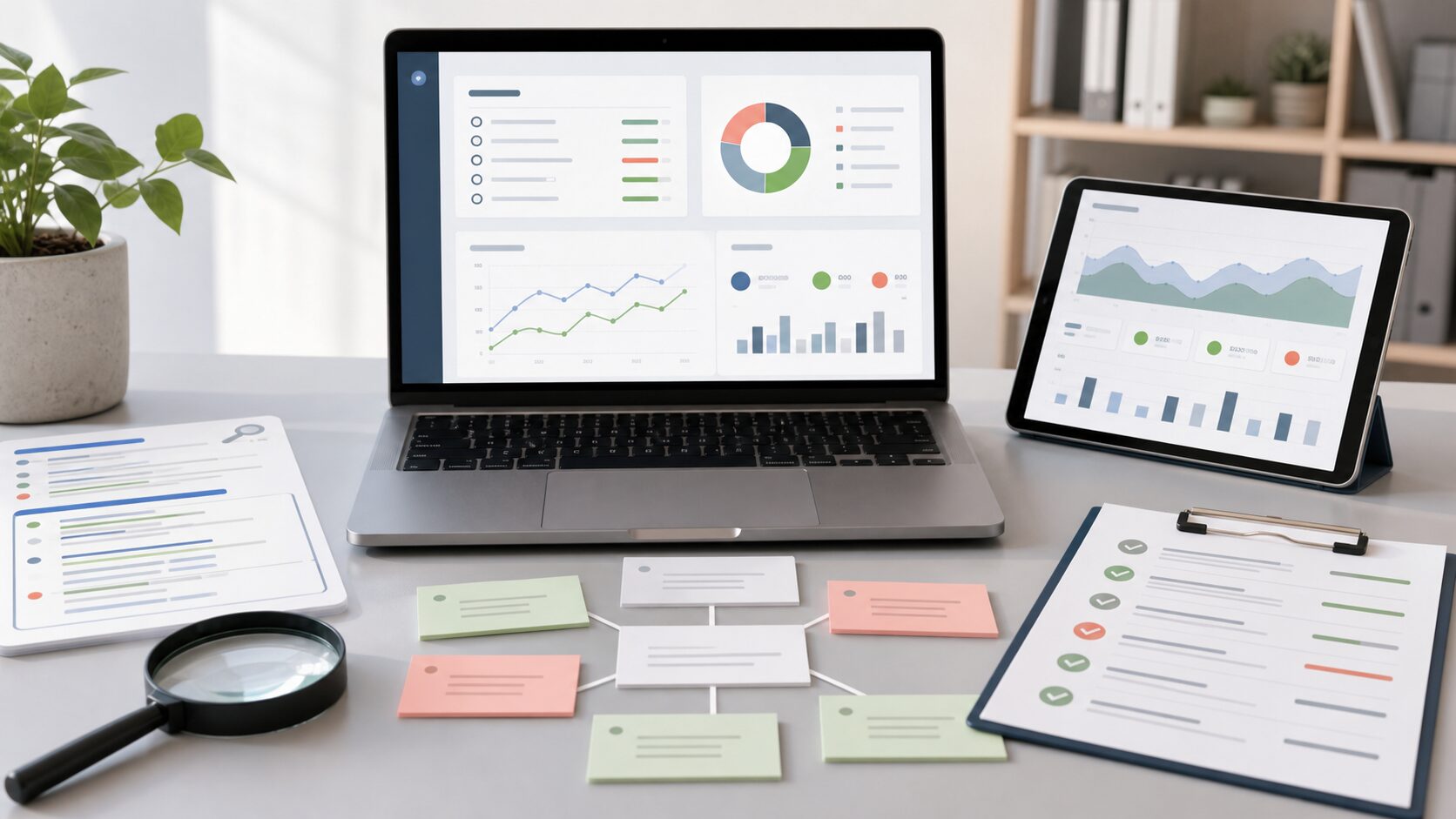 SEO診断とアクセス解析の改善ポイントを整理しているデスクイメージ